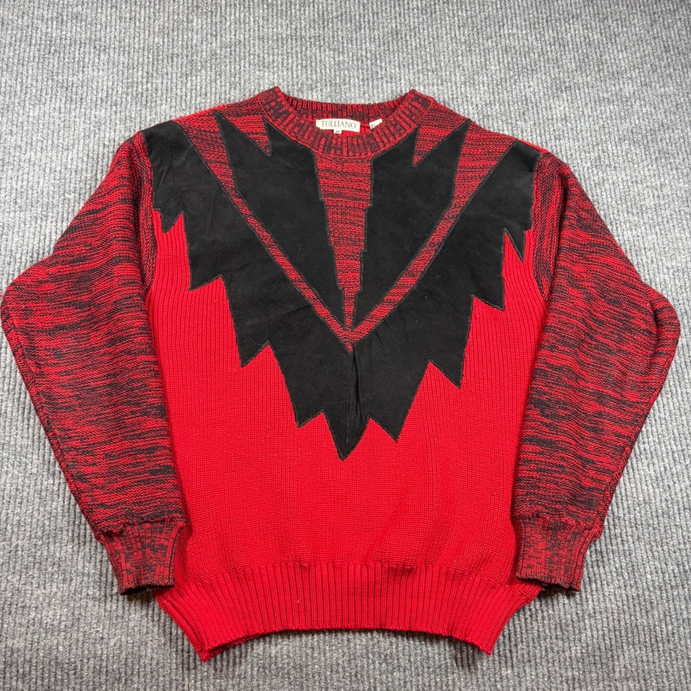 Tulliano Sweater Mens M Vintage Red Black Leather Trim Wool Blend Knit